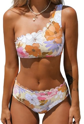 CUPSHE Damen Bikini Set One Shoulder Wellenkante Mid Waist Bikini Asymmetrische Bademode Zweiteiliger Badeanzug Swimsuit Weiß/Pink Blumenmuster L