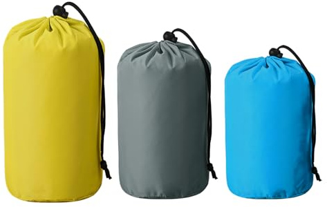 Fascetta 3Pcs Stuff Sack Waterproof Outdoor Small Items Storage Stuff Bag Portable Hanging Drawstring String Nylon Sacks for Boating Hiking Camping Travel Beach Sandbags Sky Blue Gray Yellow