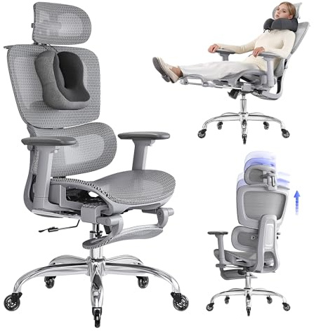 LarkLeaves Silla de Oficina Ergonómica con Reposapiés y Almohadilla Cervical - Respaldo Ajustable 5 Niveles, Soporte Lumbar 2D, Ruedas de Goma Silenciosas, Malla Transpirable para Oficina, Gris