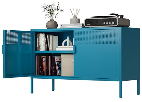 Ustamio Blue Metal Storage Cabinet with Doors and Shelf, 2 Door Locker Storage Cabinet for Home and Office, 2 Tier Low Metal Tv Stand Cabinet