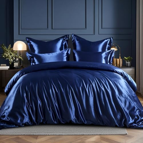 RUIKASI Juego de ropa de cama de satén de 200 x 220 cm, color azul sedoso con brillo como la seda, color azul oscuro para cabello y piel, brillante, ropa de cama de 200 x 220 cm con cremallera y funda