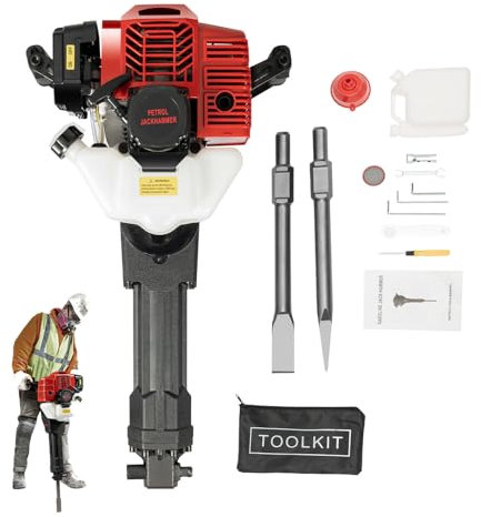 OUBUBY Petrol Demolition Hammer 52CC 2 Stroke Gasoline Demolition Jack Hammer Portable Handheld Rock Drill Gas Petrol Powered Concrete Breaker Kit with 2 Chisel & Air Cooling