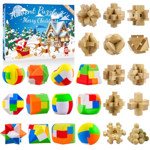 Calendario dell'Avvento 2025 con 24 puzzle in plastica e puzzle 3D in legno - Giochi rompicapo per adulti, adolescenti, ragazzi e ragazze - Regalo Advent Pluzze