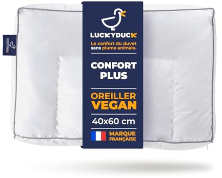 Luckyduck Oreiller Confort Plus 50x70 - Format Compact - Soutien Renforcé - Garnissage Microfibre - Enveloppe Percale Coton - Hypoallergénique - Lavable en Machine