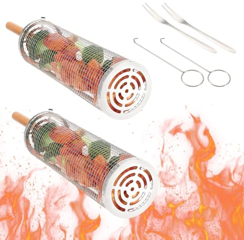 eROOSY 2 st grillkorgar i 304 rostfritt stål, grillkorg med trähandtag, stor kapacitet, grillverktyg för utomhusgrill och camping, grönsaker, räkor, kyckling