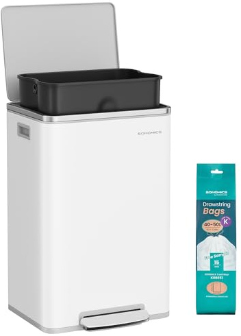 SONGMICS Cubo de Basura 50 L, con 15 Bolsas de Basura, Acero, Bolsa de Plástico Extraíble, con Tapa, Asas, Cierre Suave, Blanco Nube LTB595WC01