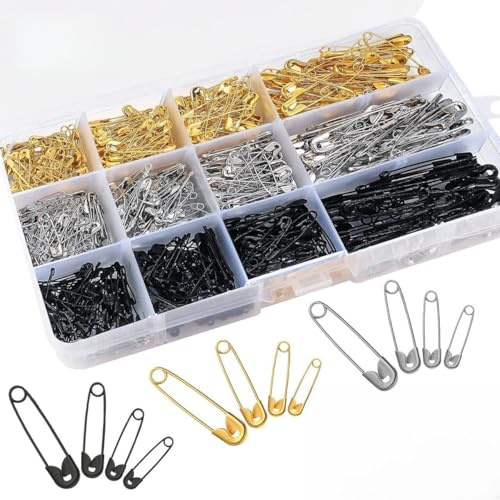 540 imperdibles de seguridad de metal, pequeños y grandes, con 4 tamaños, 19 mm, 22 mm, 28 mm, 37 mm, juego de imperdibles con caja para ropa, costura, artesanía, bisutería, oro, plata, negro