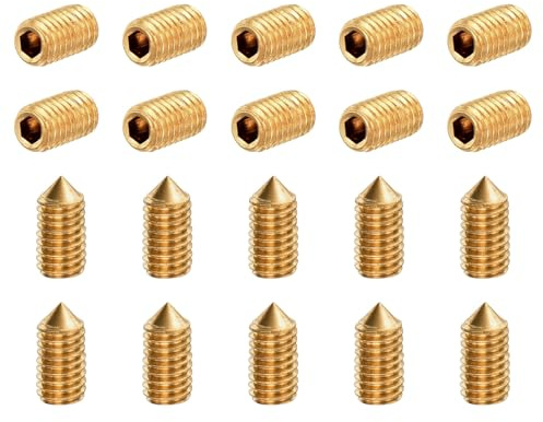 Kvartsman 30 stycken set skruvar M3 x 6 mm mässing konisk spets insexnyckel gängstift för maskiner husreparation och fästningar guldton