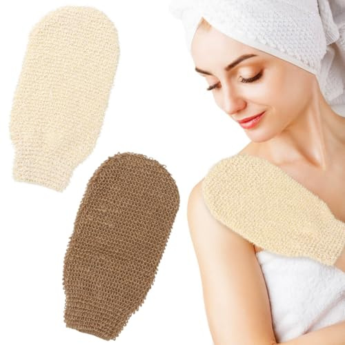 Cheynn 2 stycken sisalskalningshandskar kropp, sisal exfolierande handskar naturfibrer peeling handske tvättbar duschhandske linne skrubbhandske dusch skrubbhandske för män kvinnor