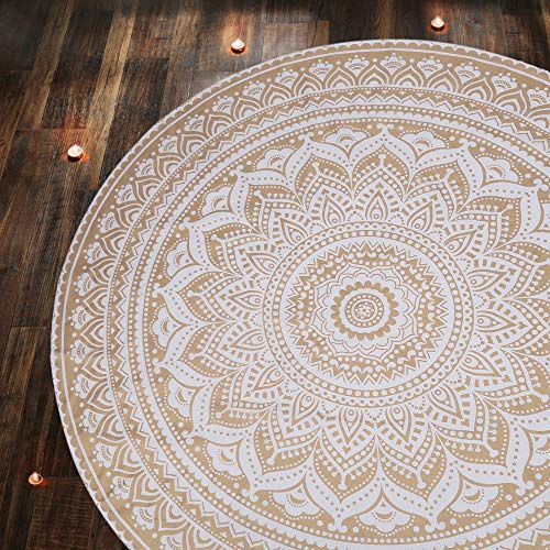 RAJRANG BRINGING RAJASTHAN TO YOU Tapiz Dorado – Mantel Roundie Ombre Mandala redondo grande Boho Chic Algodón Muelle para Picnic y Camping Blanco y Oro – 183 cm