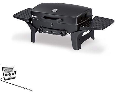 Enders Gasgrill URBAN - Bundle mit extra Fleischthermometer - 2 Edelstahl-Brenner stufenlos, mobiler Kompaktgrill, Tischgrill mit pulverbeschichteter Stahl-Grillhaube, Seitenablagen, Schwarz