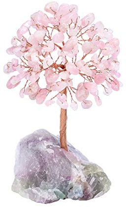 JOVIVI Rose Quartz Crystals Money Feng Shui Gemstone Tree of Life Ornament With Fluorite Stone Stand For Good Luck Wealth Chakra Stone Healing Crystals Tree Chirstmas Home Decoration Gifts