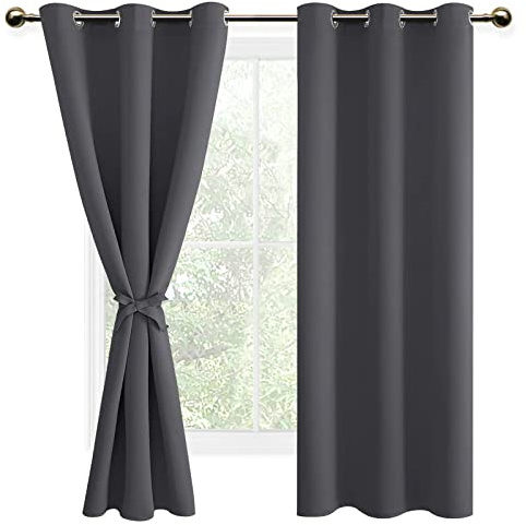 DWCN Dark Grey Blackout Curtains with Tiebacks for Bedroom Thermal Insulated Solid Eyelet Curtains for Living Room,2 Panels,46 Wide x 72 Drop