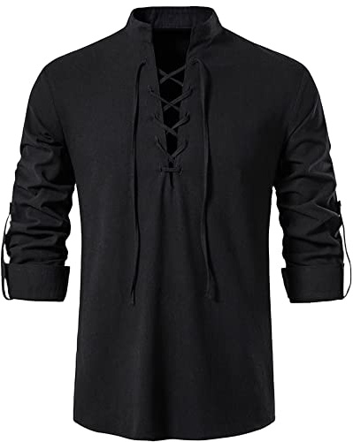 YAOHUOLE Men's Classic Scottish Jacobite Ghillie Kilt Shirt Tunic Long Sleeve Tops Black 2XL