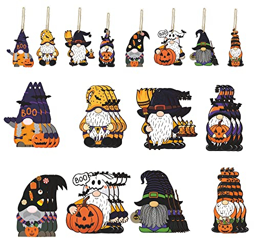 MWOOT 24Pcs Halloween Wooden Hanging Ornaments for Tree Decorations, Gnome Wood Hanging Signs with Pumpkin Bat Spider Design, Dwarf Wood Tags with Ropes for Party Home Door Decor (8 Styles)