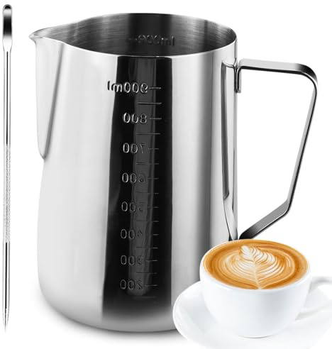 Brocca per il latte, in acciaio inox, per schiumare il latte, con ago per fiori da tiro, brocca per il latte, perfetta per la produzione di caffè espresso barista cappuccino (900 ml)