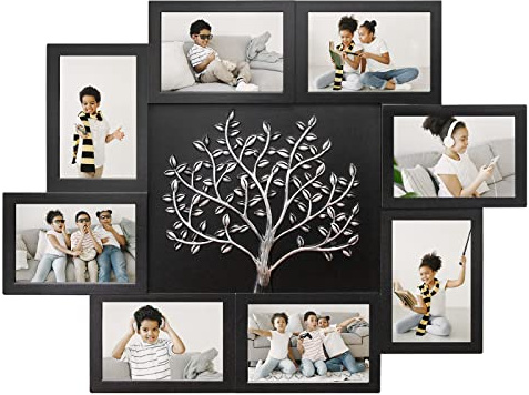 HELLO LAURA – 4 x 6 bildram collage familjeträd bildramar väggdekor display 8 öppna foton collage ram för vägg med träddekor för hem sovrum – svart