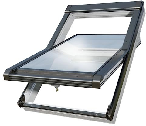 FENSTERVERSAND Dachfenster Kunststoff, Aluminiumschale außen anthrazit, Innenfarbe weiß - Schwingfenster Dachflächenfenster, Kunststofffenster mit Eindeckrahmen, 2-fach Verglasung BxH: 780x1400 mm