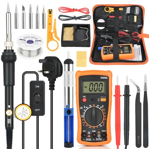 Soldador Estaño, Soldador Set De 60W Temperatura Ajustable 200-450°c Set Con Multímetro Digital Lcd, 5 Puntas De Soldar, Bomba Desoldadora, Tubo De Alambre De Estaño, Soporte De Soldador
