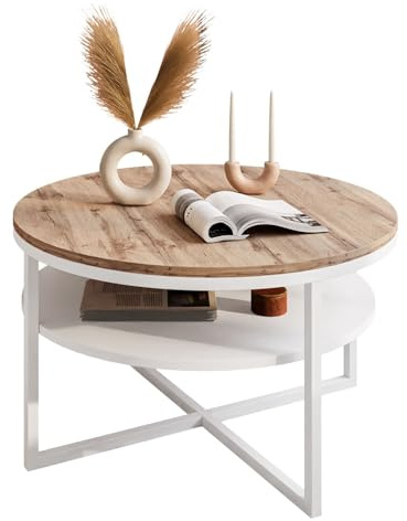 lukmebel Couchtisch rund - CIRI-X runder - Beistelltisch rund - Kaffetisch - Industrial Deko - Deko Wohnzimmer - Kleiner Beistelltisch - Sofatisch - Kleiner Tisch - Weiß/Wotan Eiche