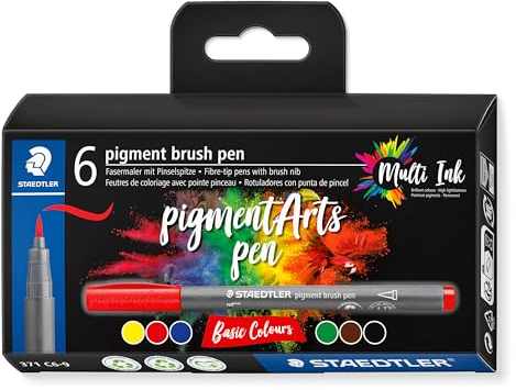 STAEDTLER brush pen pigment Arts, Premium-Zeichentusche, Pinselspitze für variable Linienbreite, wasserfest, schnelltrocknend, 6 brush pens in sortierten Farben im Kartonetui, 371 C6-9