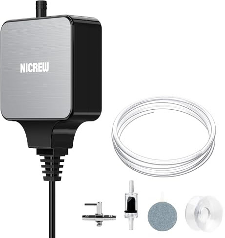 NICREW Aquarium Luftpumpe, Nano Silent Max Sauerstoffpumpe mit Regelventil, Sehr Leise <35 dB, Energiesparend 1,5 W, 36 L/h, Aquarium Zubehör