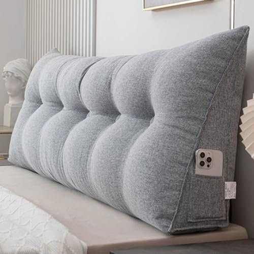 Almohada Triangular De Lino Y Algodón Cuña Para Cabecero De Cama, Cojín De Apoyo Para La Espalda, Cojín De Lectura Con Funda Extraíble, Almohada Para Litera, Dormitorio, Sofá(60x50x20cm,Light gray)
