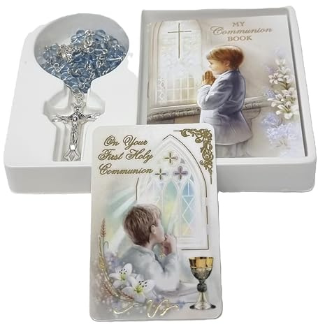 celebrationgiftsforall Libro de oración de primera comunión, rosario de cristal azul y tarjeta de oración en caja de regalo