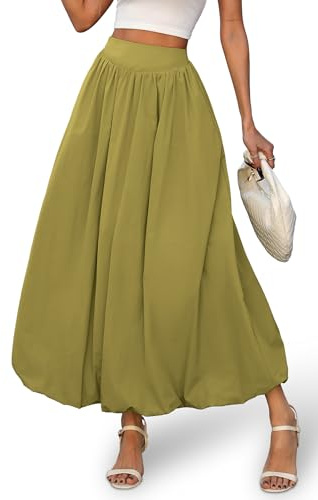 ELLEVEN Womens Bubble Maxi Long Skirt with Pockets Flowy Puffy Hem Elastic Waist Casual Lightweight Balloon Skirt Y2k Elegant Ruffle A-Line Classic Skirt Autumn Fall Winter Green X-Large