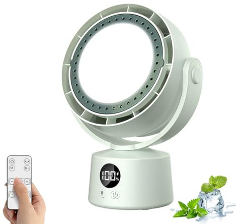 Potente ventilador de escritorio sin aspas con luces y controles remotos, silencioso, 6 velocidades, oscilación de 180°, circulación de aire inteligente de 2400 mAh