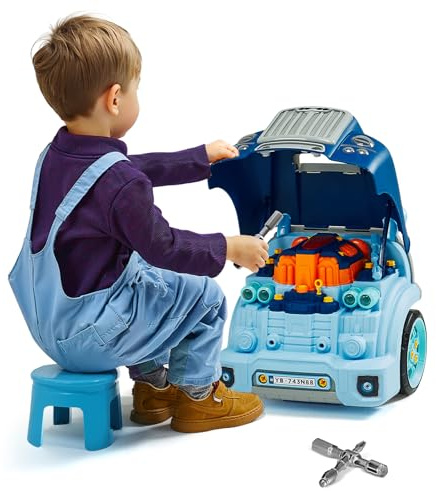 VEVOR Giocattolo Motore, 60 Pezzi, Set Riparazione Auto Meccanico Bambini con Parti Rimovibili, Luci e Suoni, Volante e Clacson, Set Officina Meccanico Bambini per Bambini dai 3 Anni in su, Blu