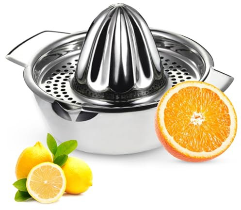 Manual Lemon Juicer 304 Stainless Steel Orange Squeezer, Lime Citrus Fruit Press Heavy Duty Screw Top Lemon Squeezer with Strainer＆ 350ml Container, 2 Pour Spouts, Ø 13.8 Cm, Dishwasher Safe