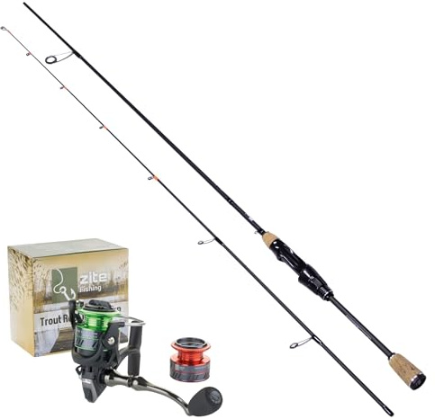 Zite Fishing UL Forellen Angelset | Ultra Light Solid Tip Rute 2 m 0,5-3g aus Carbon | 1000er Spinnrolle mit Frontbremse & 3+1 Kugellagern | Für Gummiköder + Spoons