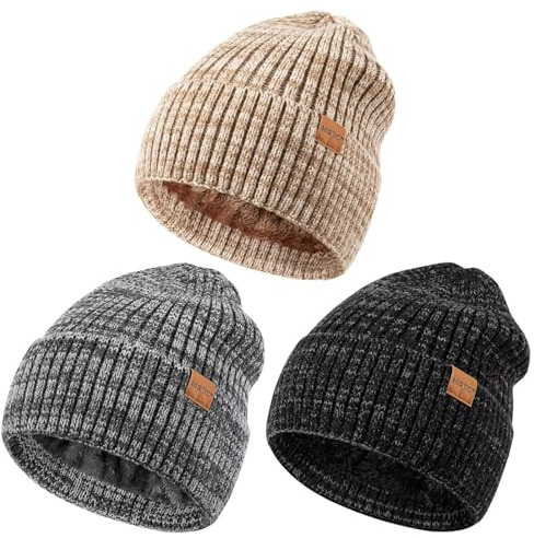 MSDC 3 Pack Winter Hats for Men, Warm Fleece Lined Beanie for Men Women, Soft Thermal Cable Knit Hat Fashionable Cuffed Skull Cap for Cold Weather-01
