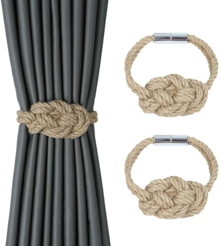 Fenghuangwu Paquete de 2 alzapaños magnéticos de yute natural, estilo rústico bohemio, para cortinas decorativas para el hogar y la oficina (yute-2P)