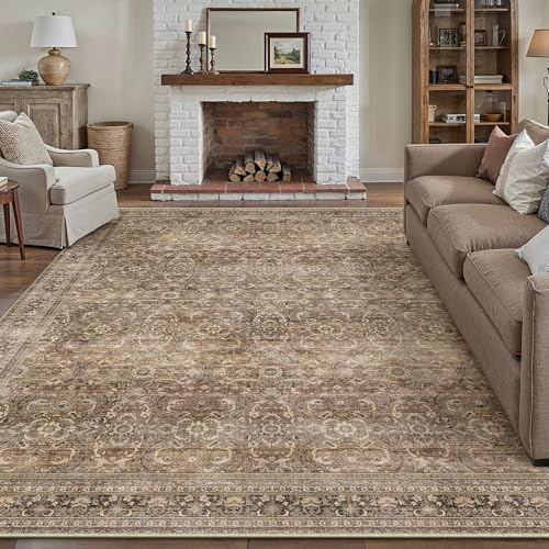 PureCozy Living Room Area Rug 240x300cm Machine Washable Non Slip Vintage Traditional Large Brown Rugs for Bedroom Dining Room Office, Stain Resistant Low Pile Carpet for Indoor Home Decor