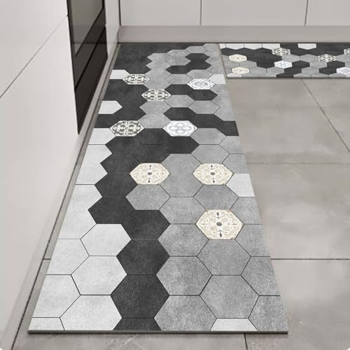 Alfombra Cocina 50X80Cm+50X160Cm Negro Beige Modernas Lavables Alfombras De Cocina Antideslizantes, Antiincrustante, Duradero,Anti Fatiga para Salón, Dormitorio,Baño, Pasillo