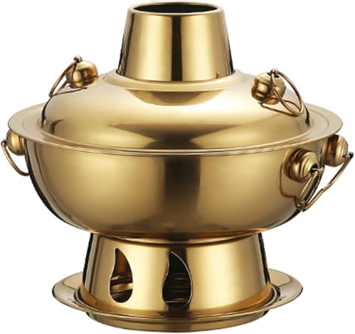 Genérico Olla Caliente de Cobre China para Exteriores con Tapa, Olla Caliente de carbón al Estilo Antiguo de Pekín, diseño Dividido, fácil de Limpiar, utensilio de Cocina para Cocina,Oro