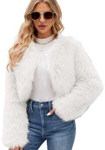Joygoodta Veste moelleuse blanche chaude à la mode en fausse fourrure manteau moelleux blanc à manches longues ouvert sur le devant pour femme, S