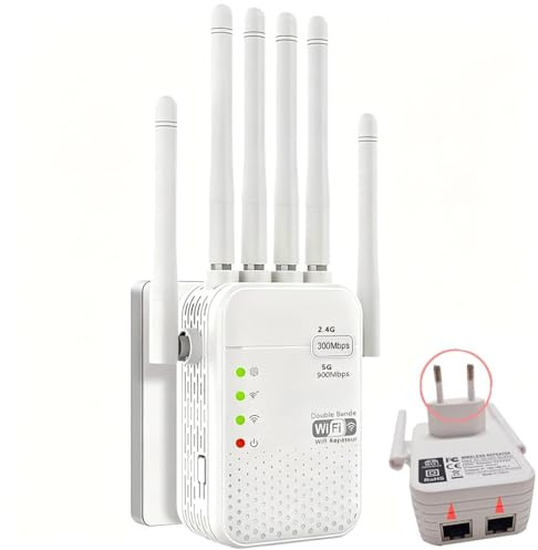 Repetidor WiFi, Potente Amplificador de señal WiFi, 6 Antenas, 2 Puertos LAN, Cobertura de 360°, Amplificador WiFi con Cobertura de 9800 pies Cuadrados, Apto para hogares y oficinas