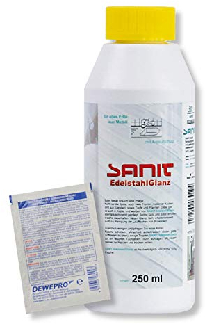 DEWEPRO-Set: SANIT EdelstahlGlanz (3019) - Flasche à 250ml - hervorragender Reiniger für alle Produkte aus Edelstahl, inkl. 1 St. DEWEPRO® Single Scrubs