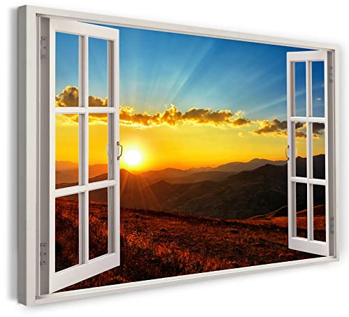 Print on Canvas (100x70 cm) view from the window - sunset mountains field summer nature - nature photography, real wood frame with hook