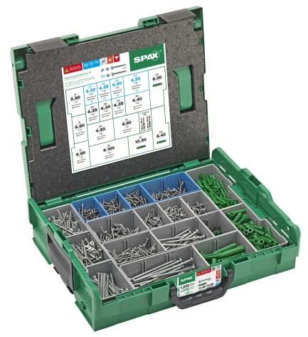 SPAX Montagekoffer L-BOXX groß, Elektriker-Set inkl. 1.200 Halbrundkopfschrauben in 14 Abmessungen, 250 passenden Dübeln und 6 T-STAR plus Bits