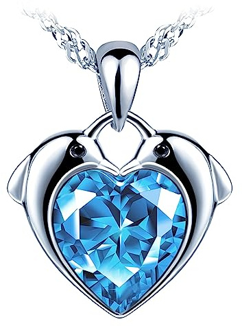 Yumilok Femmes Filles Collier Pendentif Cœur en Argent 925 Pendentif de Dauphin Serti de Zircon Bleu Brillant Collier Diamant Elégant de Mariage Bijoux Fantaisie
