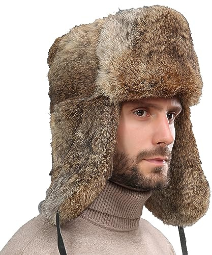 BSYLOO Sombrero de aviador con orejeras para invierno, resistente al viento, sombrero de soldado de esquí, gorra de bombardero de piel de conejo sintética para hombres y mujeres, Marrón, Small /