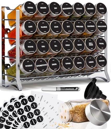 Deco haus® Kryddställ med kryddburkar - 4-stegs metallställ för kryddor - Set med 28 kryddburkar, 144 etiketter, borste, tratt, krokar - fristående eller väggmonterad design