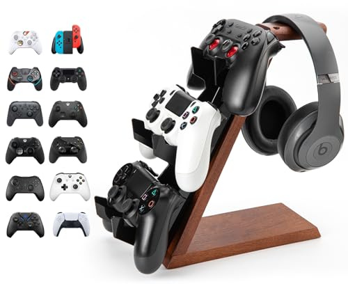 HEWYIOS 3-Tier Wooden Gaming Controller Stand, Holder for Xbox Series X/S, PS4/PS5, Nintendo Switch, Headset & Controller, Brown Wood