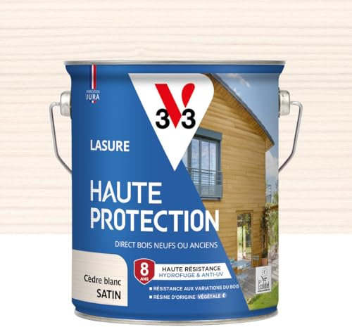 V33 Lasure Bois extérieur Cèdre blanc satin - Haute Protection 8 ans - Haute résistance hydrofuge et anti-UV - Résiste aux variations du bois - Ecolabel, résine d'origine végétale - 2,5L