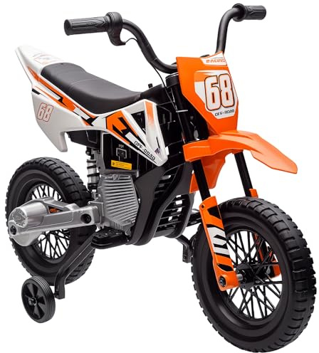 AIYAPLAY 12V Kids Electric Motorbike, Kids Electric Ride on Motorcycle, Battery Powered Toy with Twist Grip Throttle, Training Wheels, Suspension System, Music, Orange