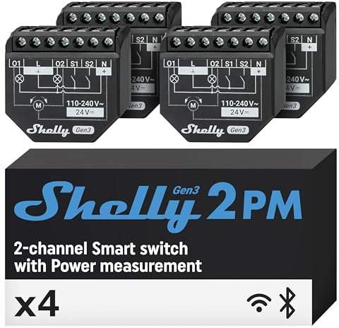 Shelly 2PM Gen3 - WLAN Smart Relais Schalter, Rolladenschalter, Stromzähler, 2 Kanäle, 16A, Lichtschalter, Smart Home, Zeitschaltuhr, Alexa & Google Home, Kein Hub Erforderlich (4 Stück)